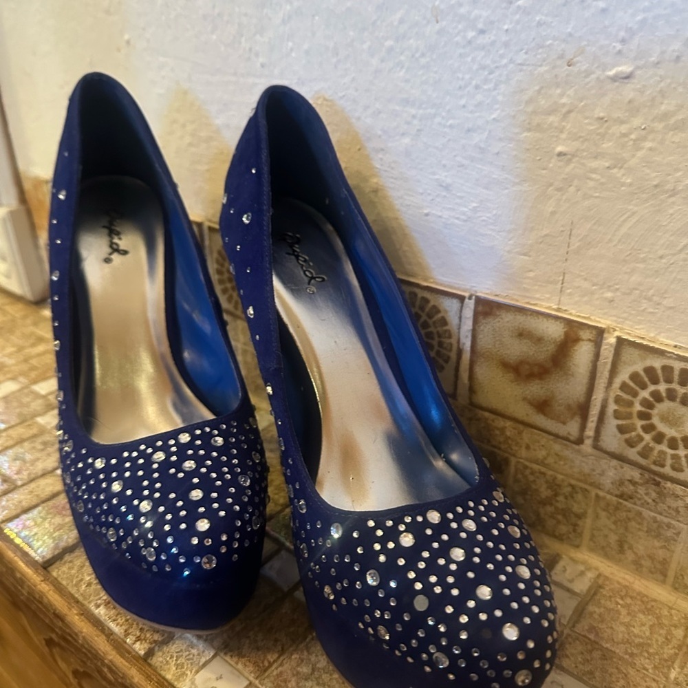 Elegant Blue Rhinestone Heels Studded Suede Pump Size 9